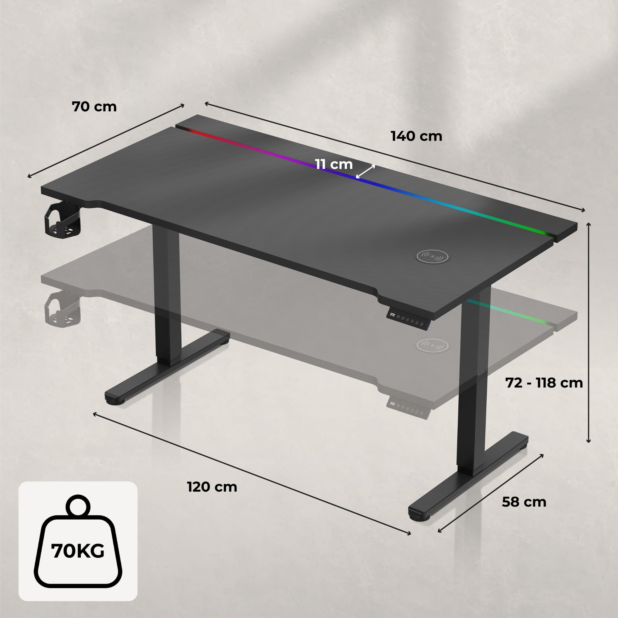 Scrivania regolabile elettricamente Huzaro Hero 8.7 RGB LED 140 cm