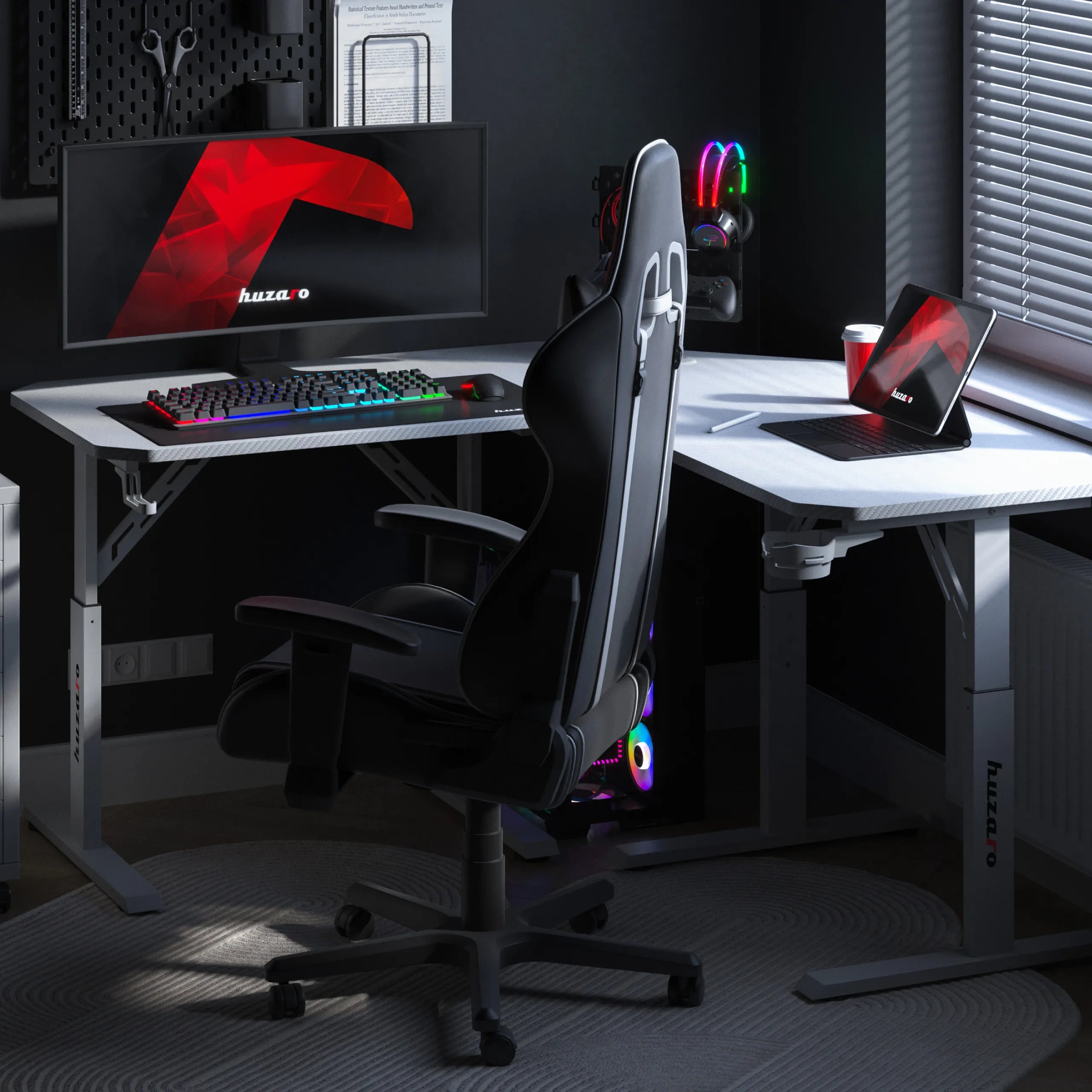 Scrivania da gaming angolare regolabile in altezza Huzaro Hero 7.3 White
