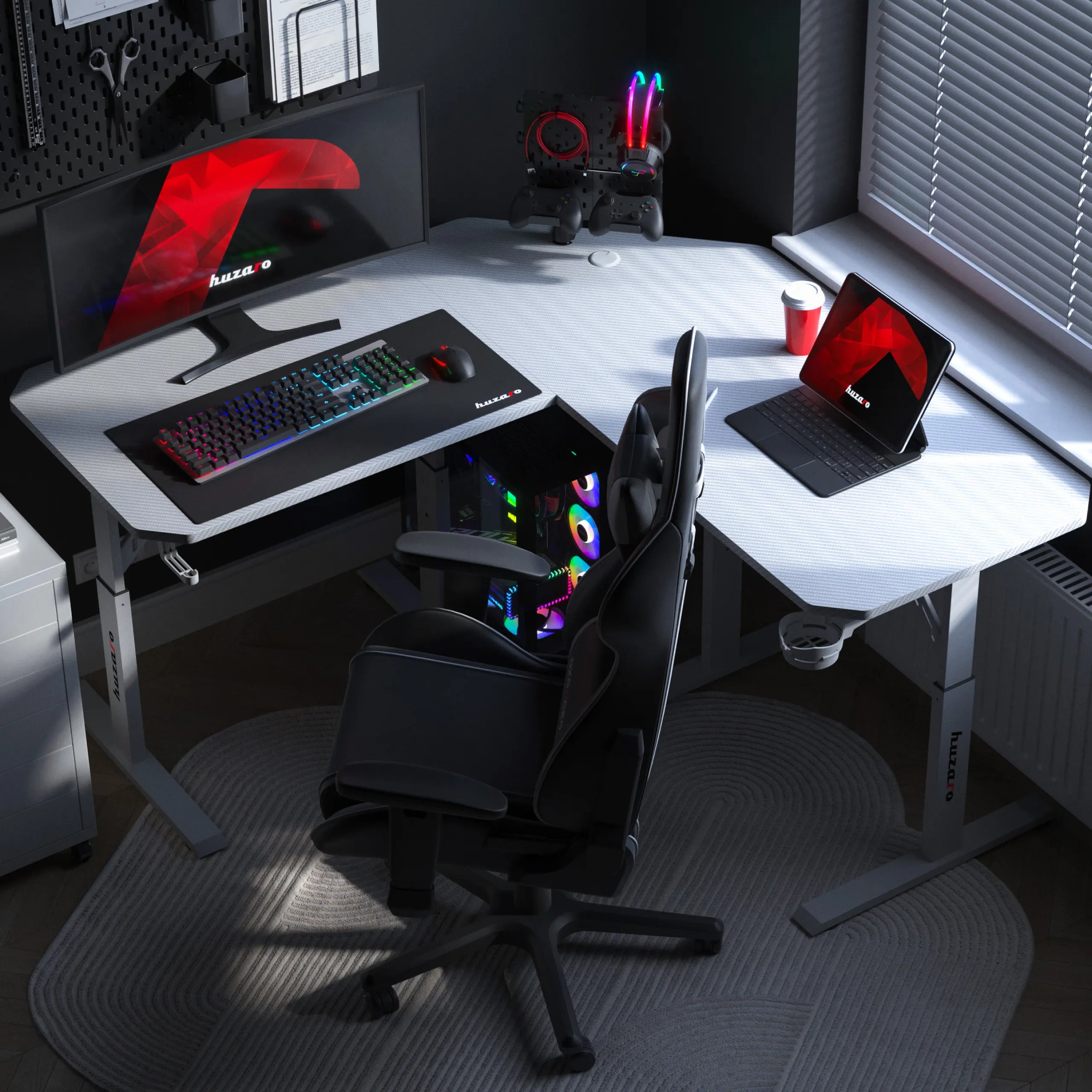 Scrivania da gaming angolare regolabile in altezza Huzaro Hero 7.3 White