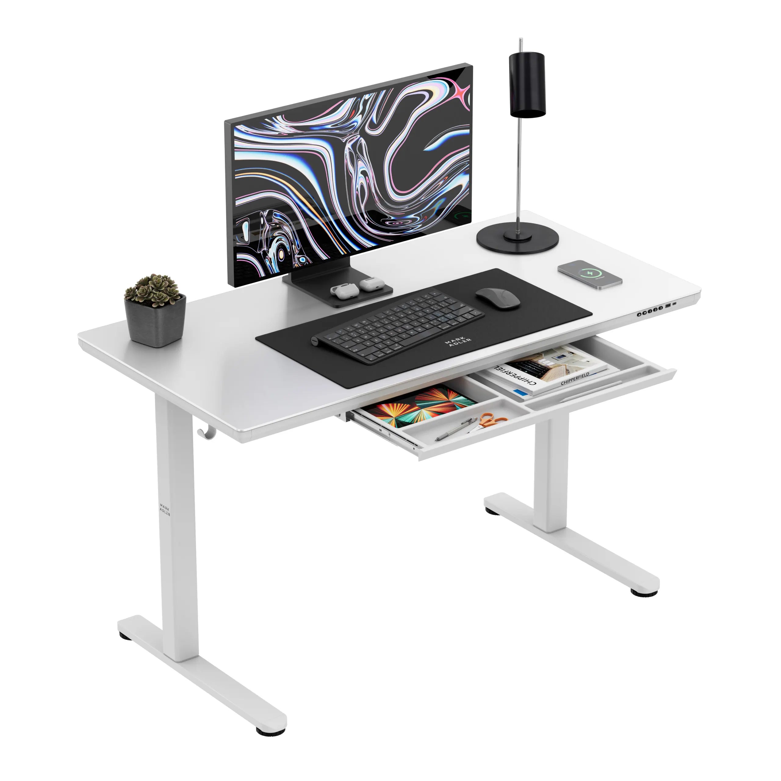 Scrivania regolabile elettricamente con piano in vetro Mark Adler Leader 8.5 White