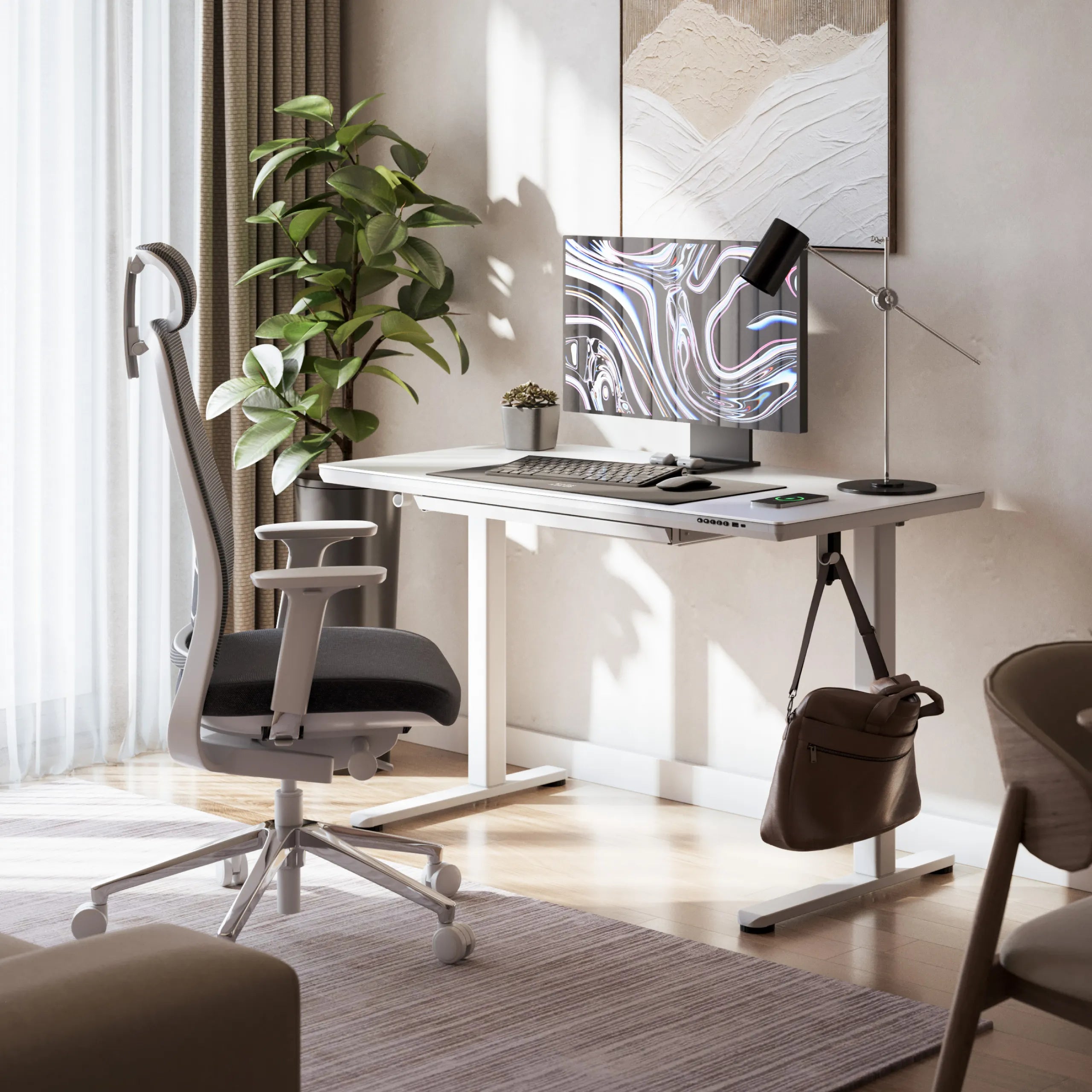 Scrivania regolabile elettricamente con piano in vetro Mark Adler Leader 8.5 White