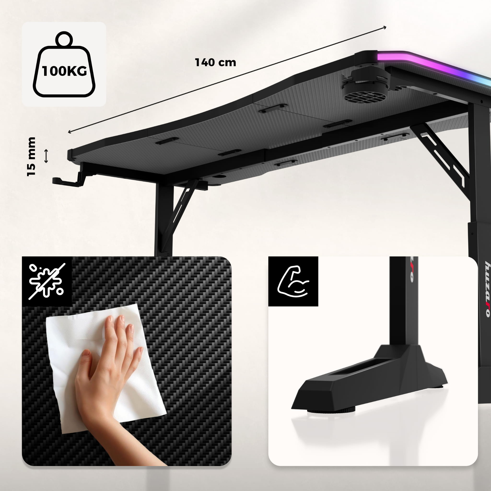 Scrivania da gaming Huzaro Hero 3.6 RGB LED Black 140 cm