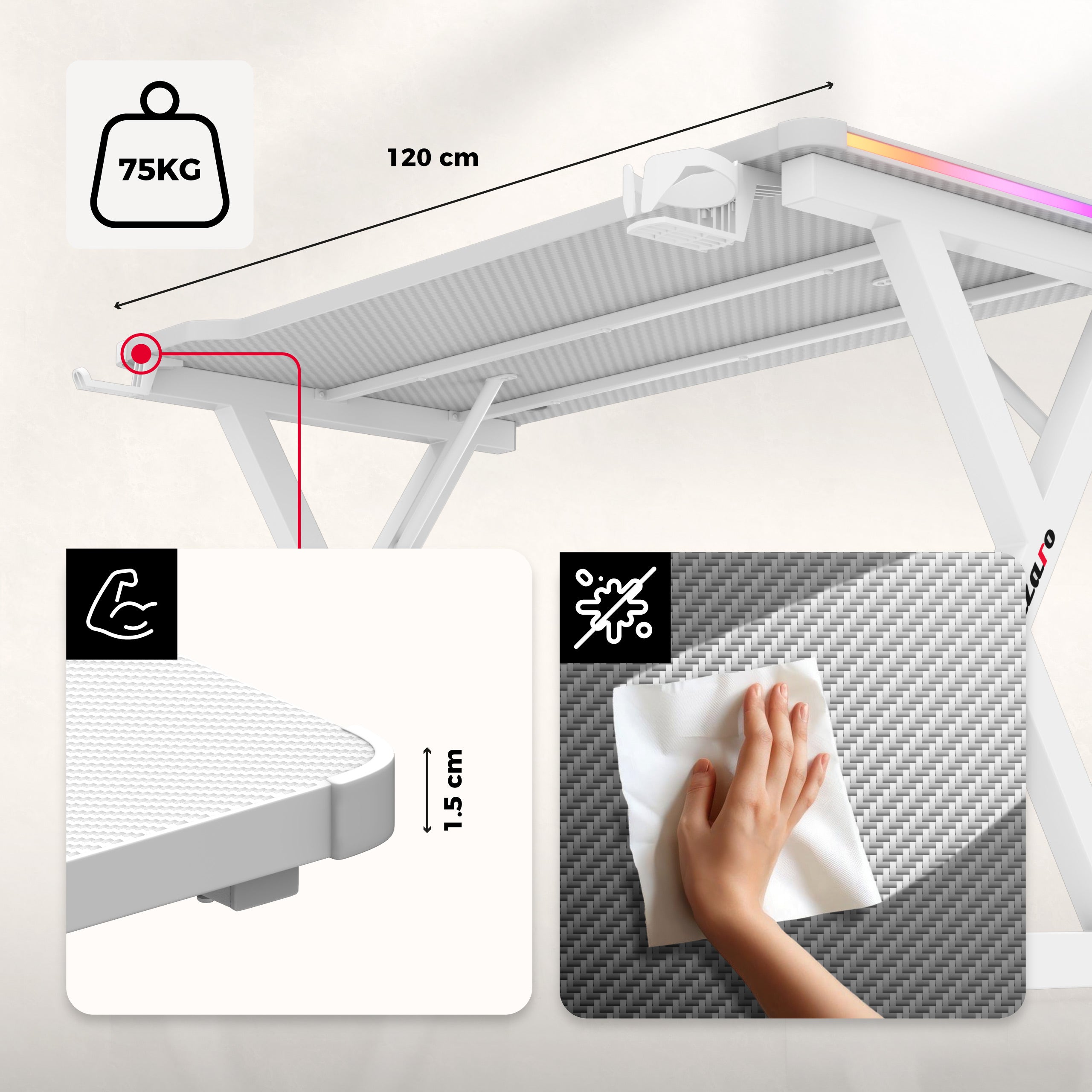 Scrivania da gaming LED Huzaro Hero 2.3 RGB White 120 cm