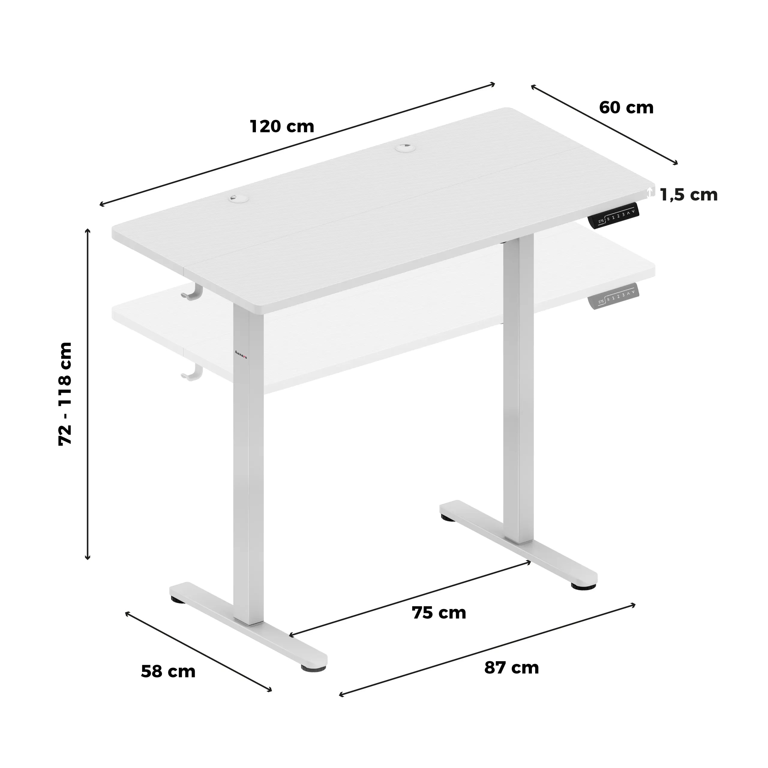 Scrivania da gaming regolabile elettricamente Huzaro Hero 8.1 White 120 cm