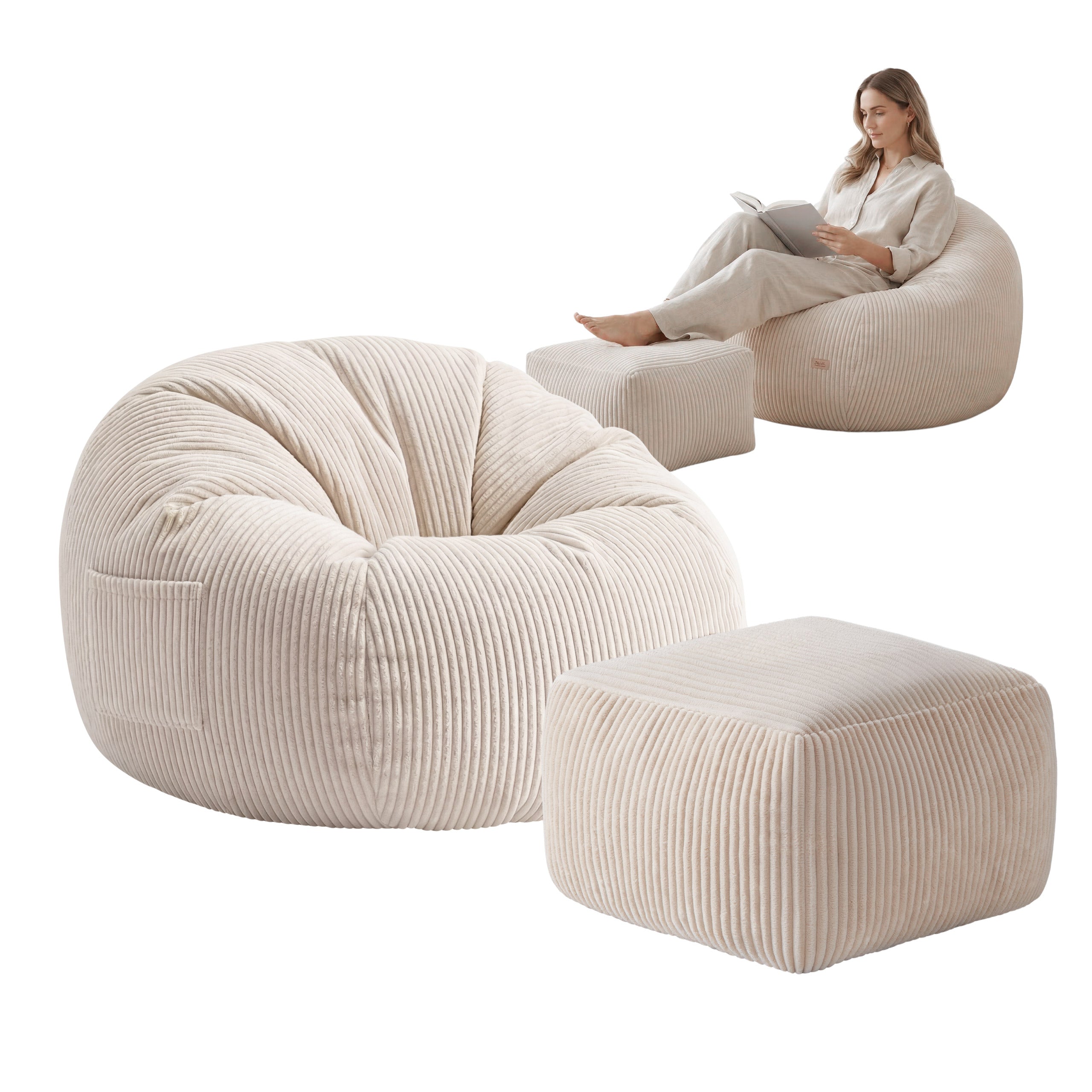 Poltrona-pouf in velluto a coste con poggiapiedi Mark Adler Comfy 3.0 Beige