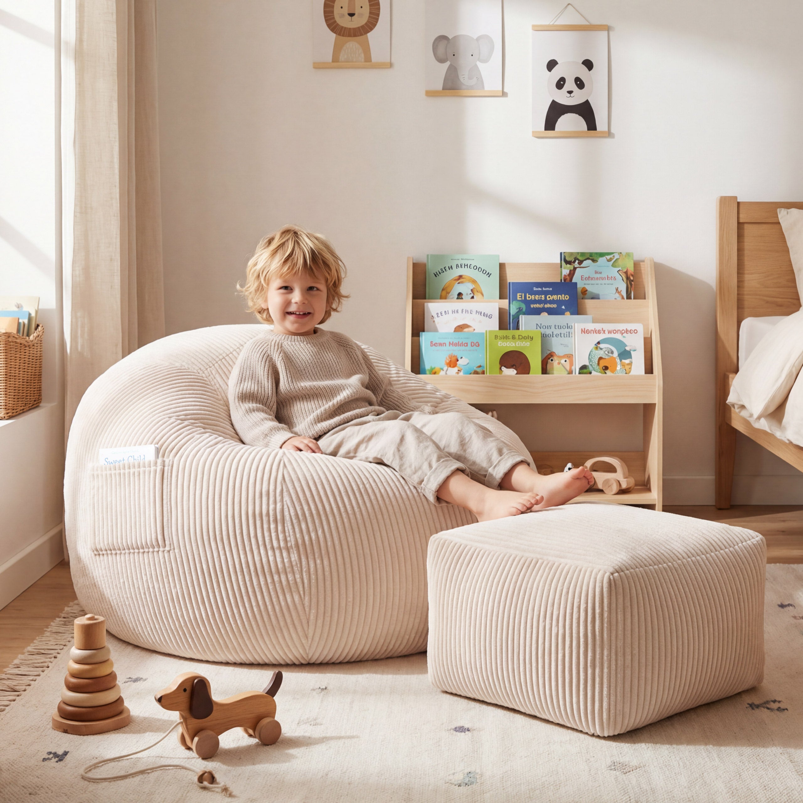 Poltrona-pouf in velluto a coste con poggiapiedi Mark Adler Comfy 3.0 Beige