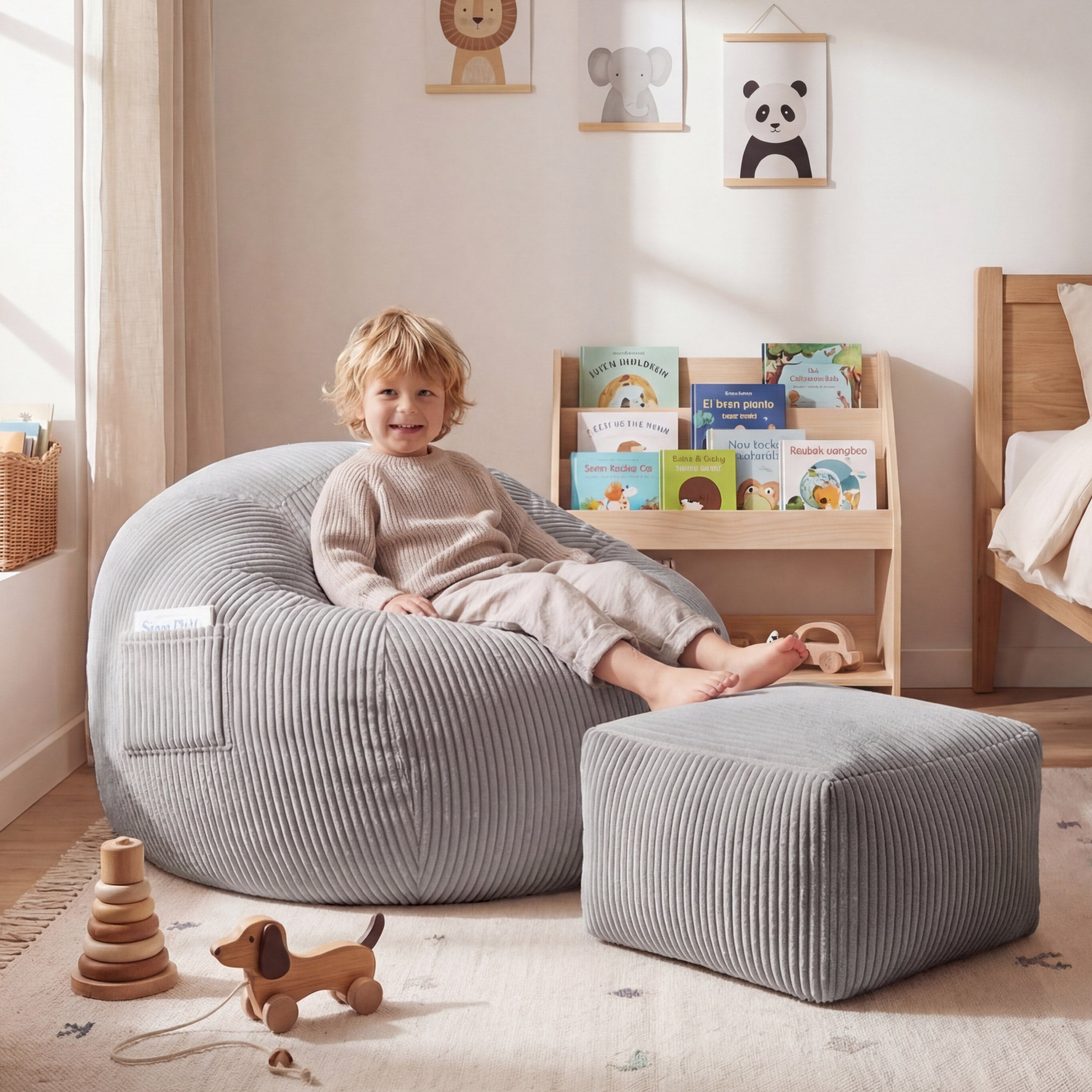 Poltrona-pouf in velluto a coste con poggiapiedi Mark Adler Comfy 3.0 Grey